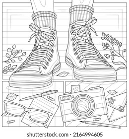 Sneakers on feet, camera and glasses.Flat lay.Coloring book antistress for children and adults. Illustration isolated on white background.Zen-tangle style. Hand draw