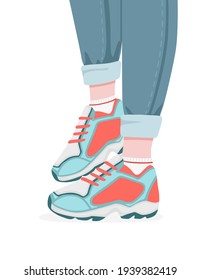 Sneakers on feet. Colored sport shoe design. Casual wear vector illustration isolated on white background