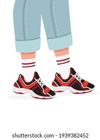 Sneakers en los pies. Diseño de zapatos deportivos de colores. Ilustración vectorial de desgaste casual aislada en fondo blanco