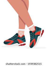 Sneakers on feet. Colored sport shoe design. Casual wear vector illustration isolated on white background