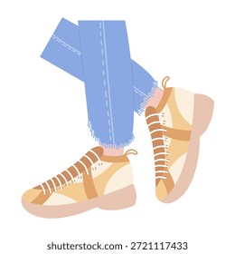 Tênis em pés vetor ilustração plana. Pernas usando jeans e tênis