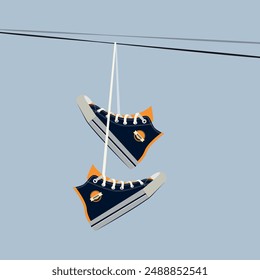 sneakers on wires. old style footwear isolated on background