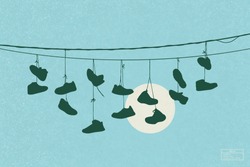 Sneakers On Wires. Shoes Hanging On Power Lines. Isolated Silhouettes