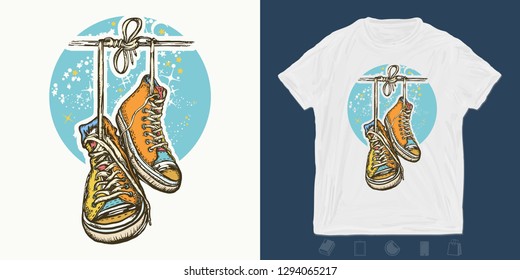 Sneakers on wires in space. Print for t-shirts and another, trendy apparel design. Symbol of freedom, graffiti, street art. Boots hanging from electrical wire 