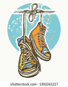 Sneakers on wires in space tattoo and t-shirt design. Symbol of freedom, graffiti, street art. Boots hanging from electrical wire  