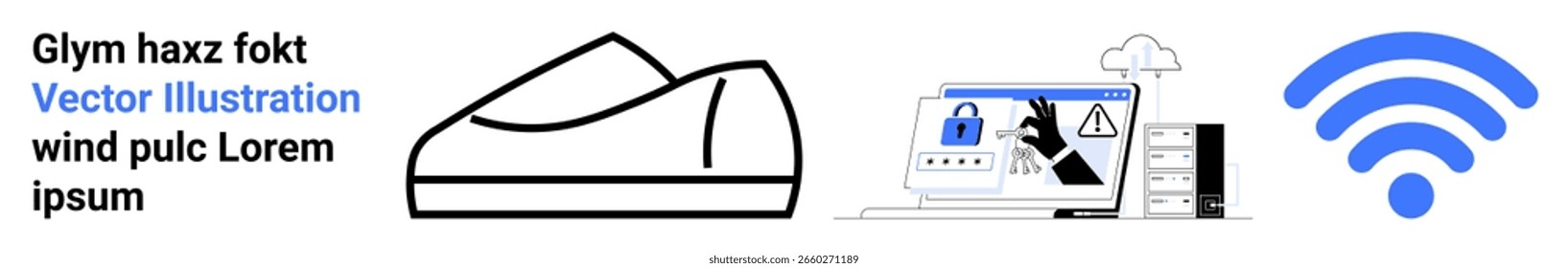 Sneakers outline, cybersecurity warning with hacker, blue wireless signal icon, and random text in different fonts. Ideal for technology, security, footwear, internet, hacking, random designs