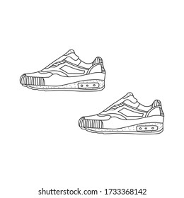 Sneakers outline drawing. Black lines of sport shoe on white background.