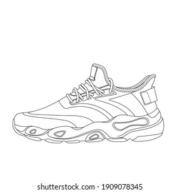 Sneakers outline drawing. Black lines of sneakers on white background