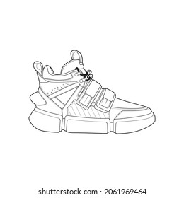 Sneakers outline drawing. Black lines of sport shoe on white background. sneaker template outline vector Illustration.