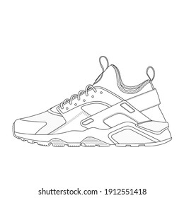 Sneakers Outline Vector Drawing. Black Lines Isolated On White Background