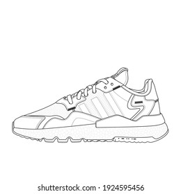 Sneakers Outline Vector Drawing. Black Lines Illustration Isolated On White Background