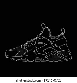 Sneakers Outline Vector Drawing. White Lines Isolated On Black Background