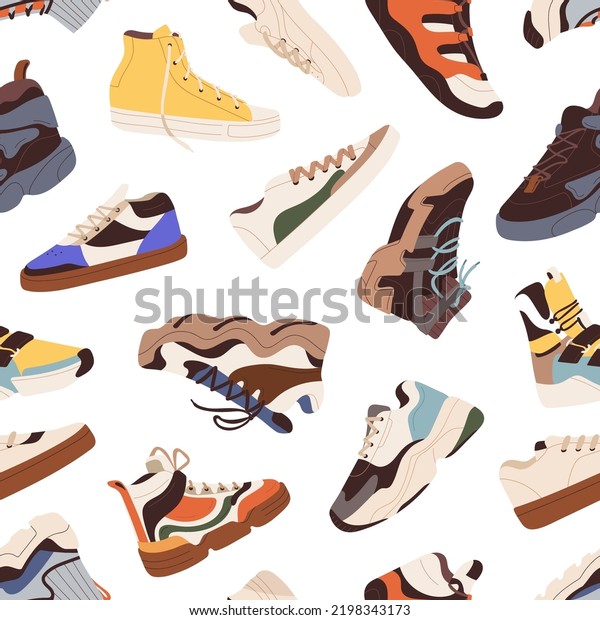 Sneakers pattern. Seamless background with\
sports shoes, footwear. Repeating print, endless texture design\
with fashion athletic trainers, footgear. Printable flat graphic\
vector illustration