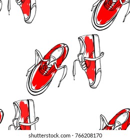 Sneakers pattern, seamless. Red sport shoes background pattern. Hand drawn sketch vector illustration. 