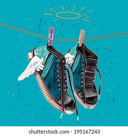 Sneakers for printing. Classic sneakers with wings. Sneakers are dried on a rope. Summer illustration with sneakers after rain.