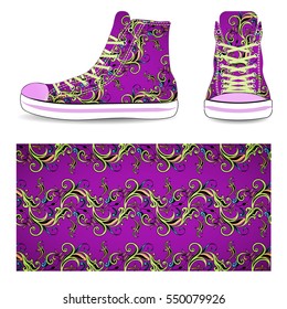 Sneakers with purple seamless flower pattern, vector illustration isolated on white background
