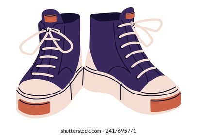 Sneakers with rubber toe. High top gumshoes with chunky sole. Trainers pair. Sport shoes, basketball boots, fitness footwear. Street fashion. Flat isolated vector illustration on white background