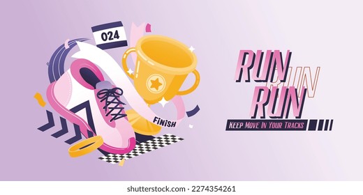 Sneakers, Running Shoes And Golden Trophy For Finisher, Vector, Illustration