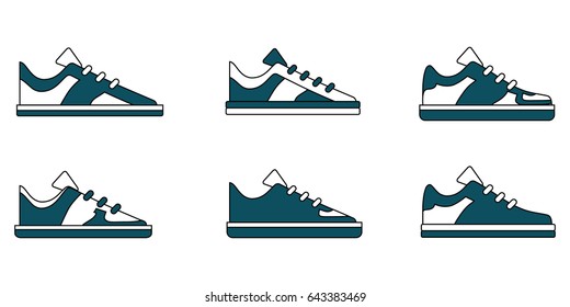 Sneakers, running shoes vector thin line icons set. Linear group of footwear illustration.Footwear icons set. Outline illustration.Flat icon.
