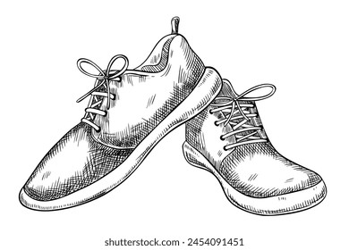 Zapatillas deportivas para running y Deportes. Ilustración vectorial de jogging Zapatos sobre fondo aislado. Dibujo de zapatillas para icono o en estilo lineal. Boceto de botas de tenis de mujer pintadas con tintas negras.