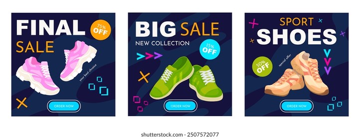 Tarjetas de venta de zapatillas. Carteles de compras publicitarios modernos de zapatos deportivos Urbanas, zapatillas de deporte de moda Par Oferta de marketing de descuento Calzado Cubierta de redes sociales Ilustración vectorial de Plantilla Obra de arte original