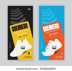 Sneakers sale rack card design template and Modern fashion shoe sale dl flyer template, New arrival sport shoes leaflet two concept design