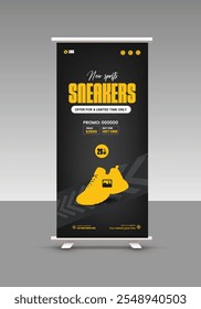 Sneakers sale roll up banner design or presentation banner design for exclusive Modern sports shoes