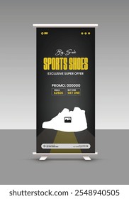 Sneakers sale roll up banner design or presentation banner design for exclusive Modern sports shoes