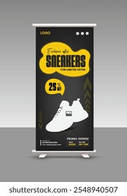 Sneakers sale roll up banner design or presentation banner design for exclusive Modern sports shoes