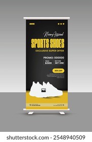 Sneakers sale roll up banner design or presentation banner design for exclusive Modern sports shoes