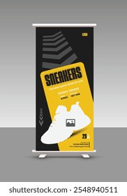 Sneakers sale roll up banner design or presentation banner design for exclusive Modern sports shoes