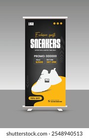 Sneakers sale roll up banner design or presentation banner design for exclusive Modern sports shoes