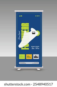 Sneakers sale roll up banner design or presentation banner design for exclusive Modern sports shoes