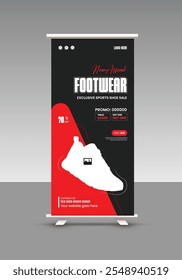 Sneakers sale roll up banner design or presentation banner design for exclusive Modern sports shoes