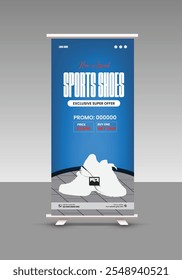 Sneakers sale roll up banner design or presentation banner design for exclusive Modern sports shoes