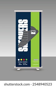 Sneakers sale roll up banner design or presentation banner design for exclusive Modern sports shoes