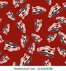 Turnschuhe nahtloses Muster. Hintergrund der Kleidung. Wiederholte Textur im Doodle-Stil für Stoff, Wickelpapier, Tapete, Gewebe. Vektorgrafik.