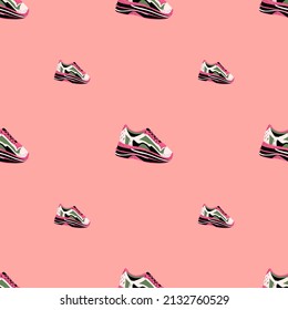Sneakers seamless pattern. Background of clothing . Repeated texture in doodle style for fabric, wrapping paper, wallpaper, tissue. Vector illustration.