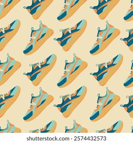 Sneakers seamless pattern. Colorful sports shoes on a beige background. Modern vector illustration for background, packaging, wrapping paper, fabric