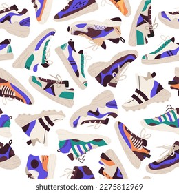 Sneakers seamless pattern. Flat trendy fitness training shoes, stylish sportswear. Modern casual male and female footwear flat vector background illustration