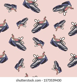 Sneakers seamless pattern on pink background. Vector illustration.