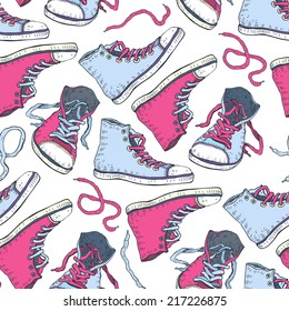 Sneakers. Seamless pattern with Sport shoes. Hand Drawn vector background.