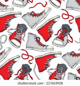 Sneakers. Seamless pattern with Sport shoes. Hand Drawn vector background.