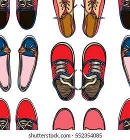 Sneakers. Seamless pattern with Sport shoes. Hand Drawn vector background.