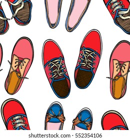 Sneakers. Seamless pattern with Sport shoes. Hand Drawn vector background.
