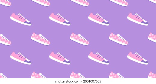 Sneakers, seamless vector pattern with pink sneakers on a lightpurple background.	