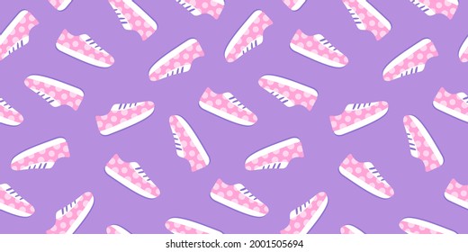 Sneakers, seamless vector pattern with pink sneakers on a lightpurple background