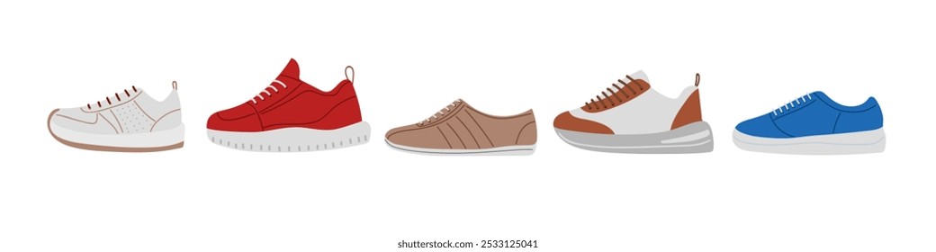 Sneakers set. Sport shoe collection, fitness footwear. Modern fashion sneakers shoes. Sports shoes. Flat Vector isolated on white background. Running, fitness shoes. Men's or women's footwear