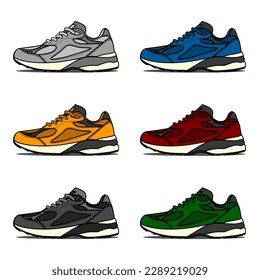 Sneakers set vector illustration with different colors