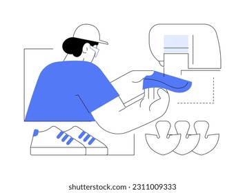 Sneakers cosiendo la ilustración abstracta del vector de concepto. Fabricantes a medida de zapatillas de fábrica, industria ligera, producción de calzado, costura de zapatos, metáforas abstractas de zapatillas hechas a mano.